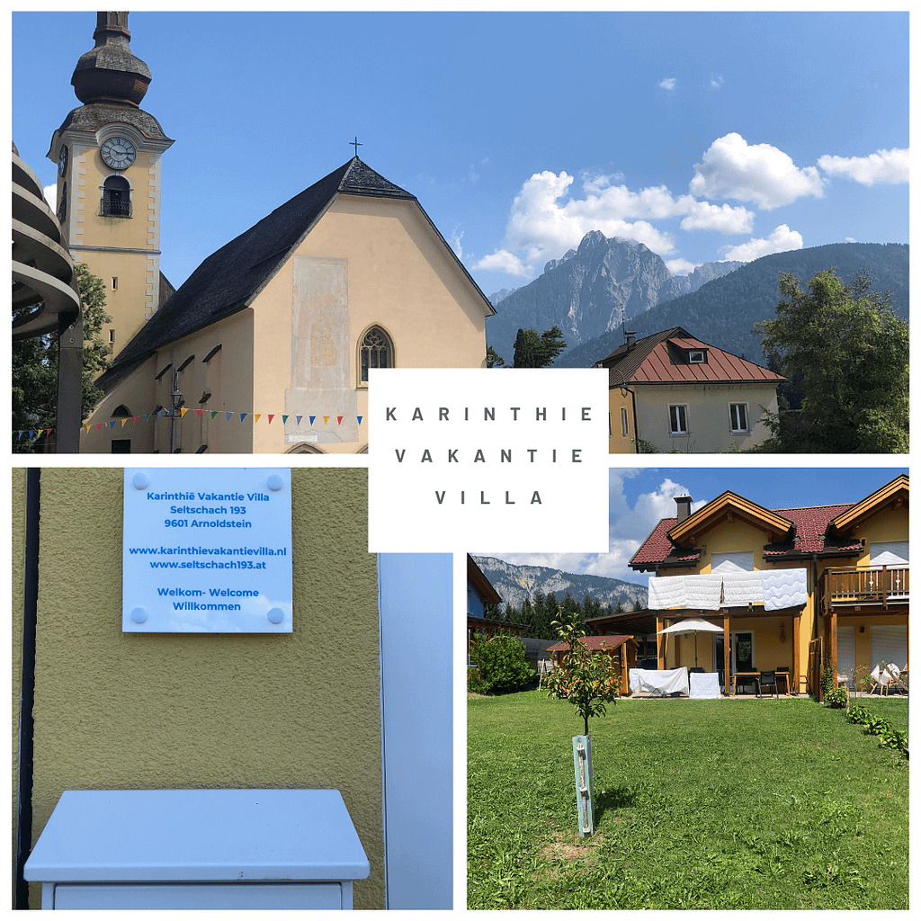 Het kerkje van Tarvisio, de entree van het huis met alle gegevens, de was hangt buiten te wapperen en de dekbedden hangen fris te luchten in de Oostenrijkse berglucht. Het perenboompje staat op de voorgrond in de tuin met grasveld.