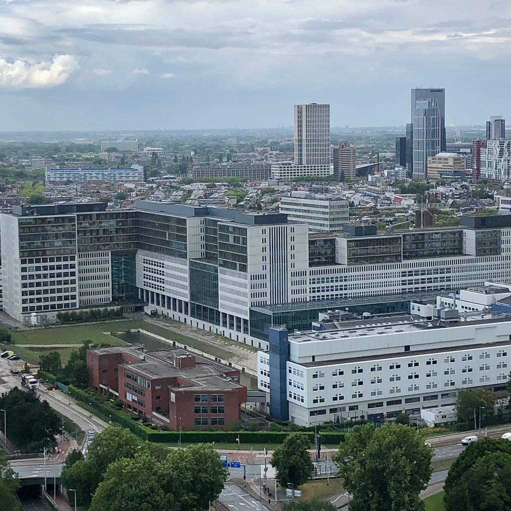 skyline van Rotterdam met de diverse iconische gebouwen. Deze foto is genomen vanuit de Euromast.