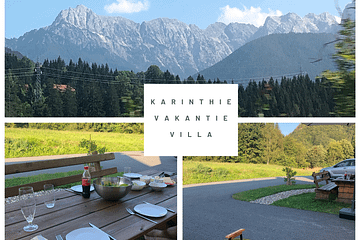 Uitzicht over de bergen, panoramisch uitzicht, tafel aan de voorzijde van het huis gedekt om te gaan dineren, uitzicht over de bergen aan de zijkant van het huis met de barbecue, bbq